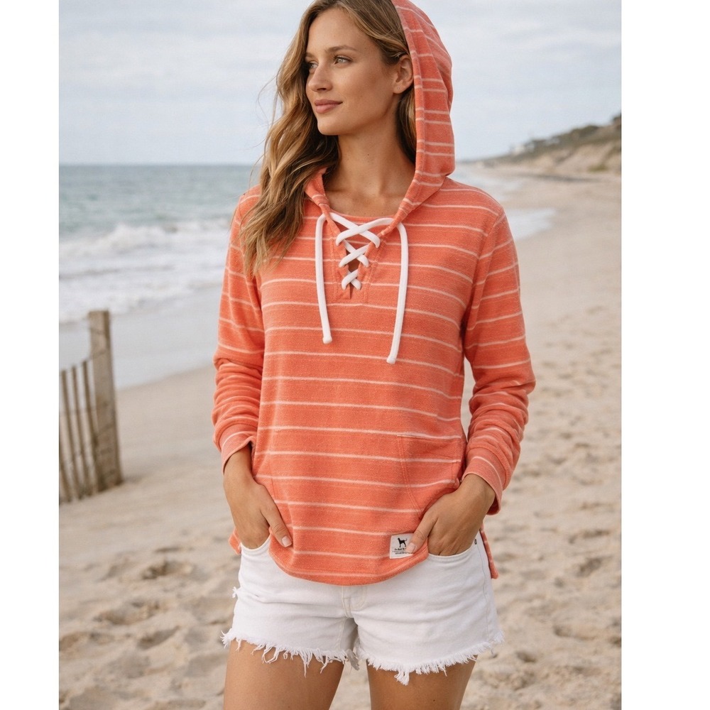 The Black Dog Brand Coral Orange White Striped Lace Up Hoodie Small Pullover
